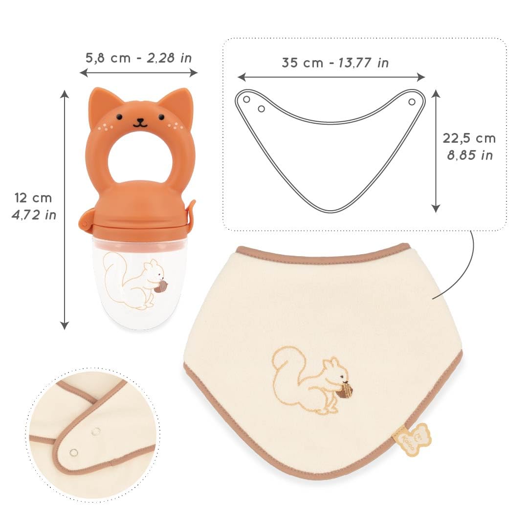 Kaloo – Set mit Lätzchen und Nager-Beissring Eichhörnchen – Babyzubehör für die Beikost – Weiches Si