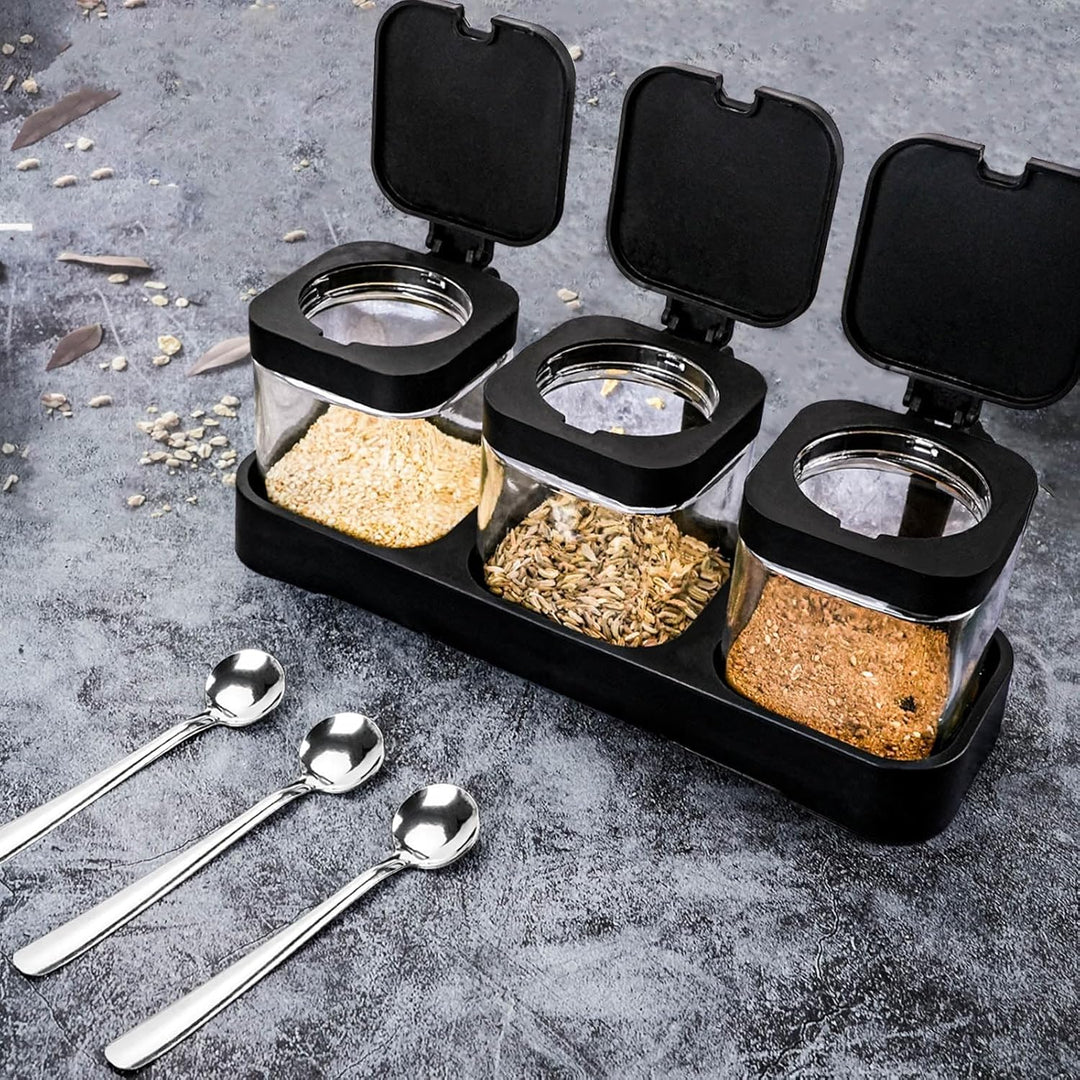 3 Stück gewürzstreuer mit Edelstahl Löffel, Glas Quadratische Gewürzbehälter mit Deckel und Basis, k
