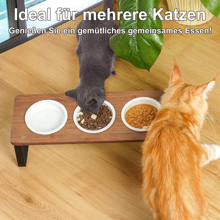 GUUSII HOME Katzennapf Erhöht Futternapf Katze Futterstation, Keramik Napf, Fressnapf 3er Set Holz,