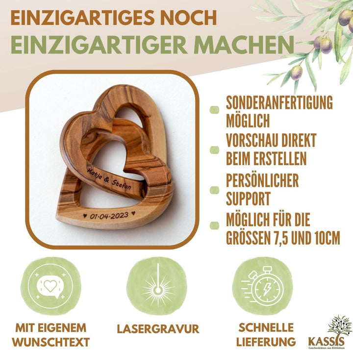 Kassis Geschenkartikel Olivenholz-Herzen für Brautpaar, zum Valentinstag, Jubiläum, Hochzeitstag, Ge