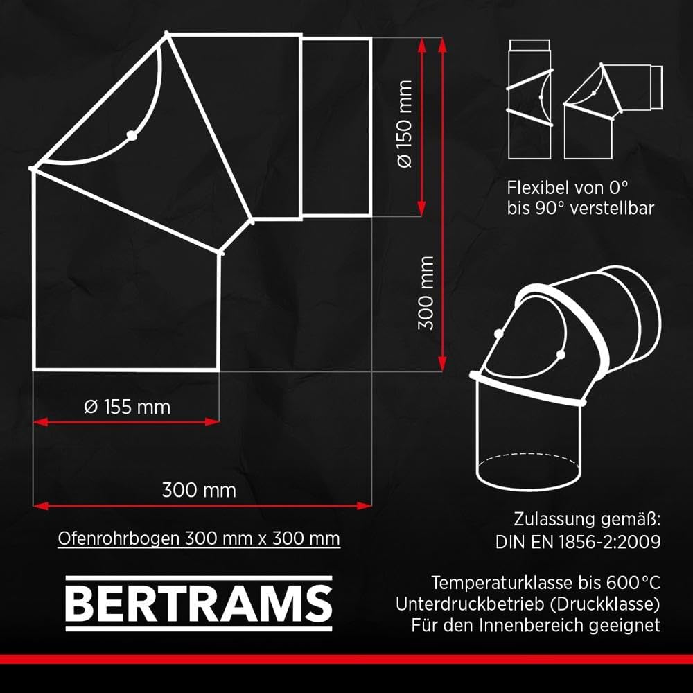 BERTRAMS Ofenrohr 150mm Ø Bogen mit Tür Gussgrau | Stahlrohr mit 0-90° Winkel | Feuerrohr aus Stahlb