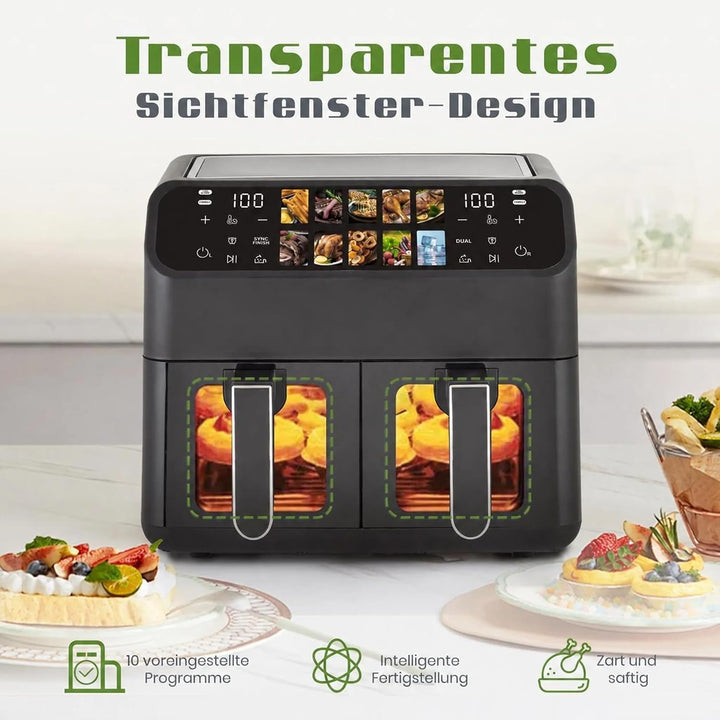 Heissluftfritteuse 9L XXL Dual 2000W, Airfryer mit 2 Kammern, Sichtfenster, Farb-Touchscreen, 10 Pro
