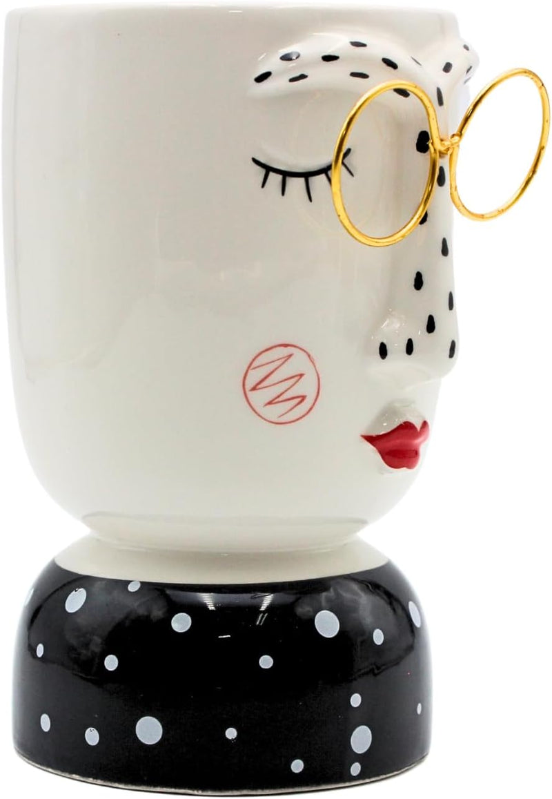 Keramik Vase mit Gesicht und Goldener Brille, Blumenvase, schwarz-weiss, Grösse: H/Ø ca. 14,5 x 8 cm