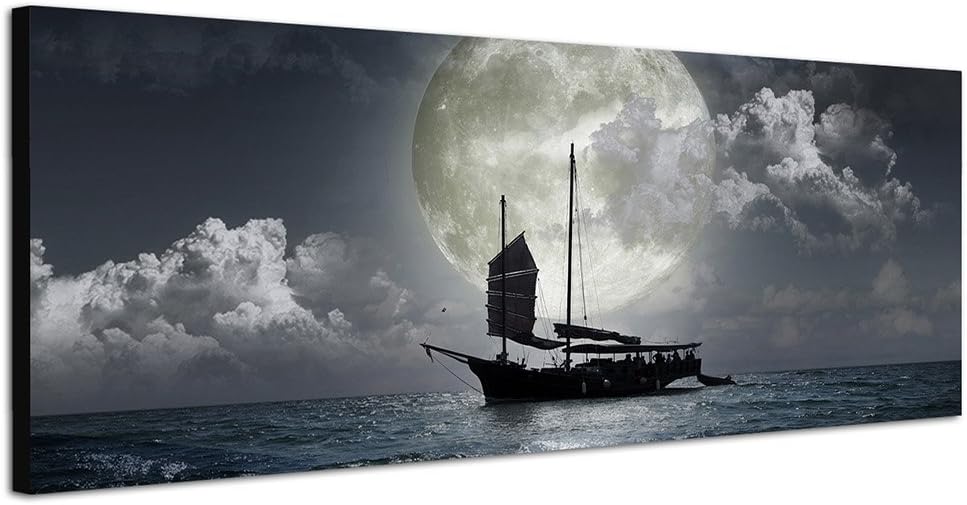 Paul Sinus Art Panoramabild auf Leinwand und Keilrahmen 150x50cm Meer Nacht Vollmond Segelschiff