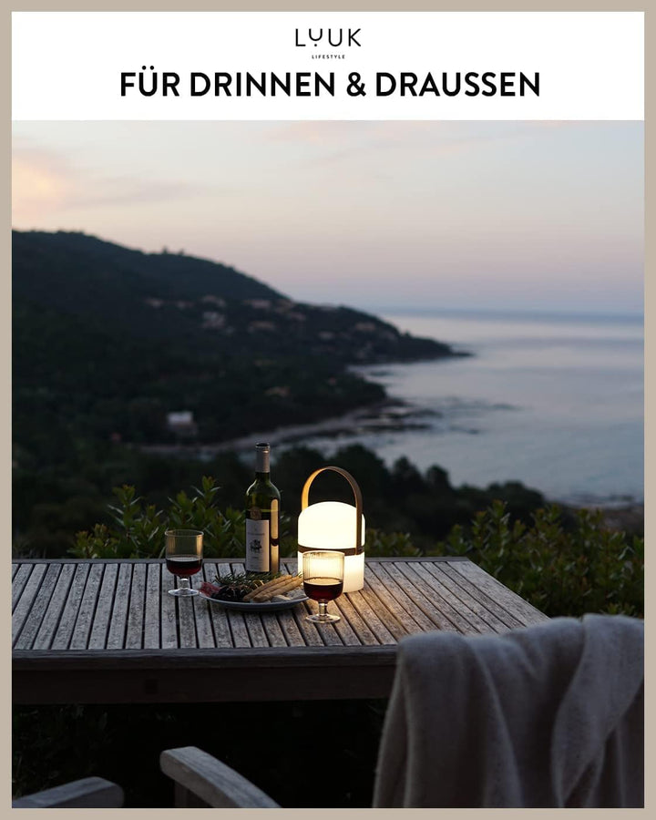 LUUK LIFESTYLE XXL Design Laterne mit Henkel aus Holz, 72h lange Leuchtdauer, per USB aufladbar und