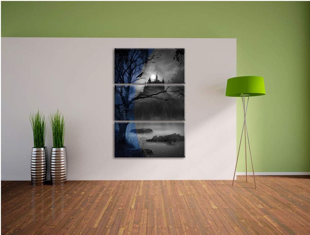 Düsterer Wald mit Burg bei Nacht schwarz/weiss 3-Teiler Leinwandbild 120x80 Bild auf Leinwand, XXL r