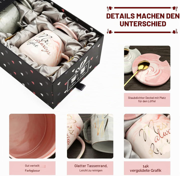 Mr Right und Mrs Always Right Paare Kaffeetassen Tassen Geschenke Set für Verlobung Hochzeit Brautdu