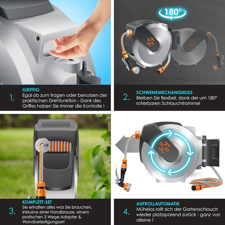 KESSER® Schlauchtrommel mit Gartenschlauch 25m | Wasserschlauchtrommel zur Wandmontage | Wandhalteru