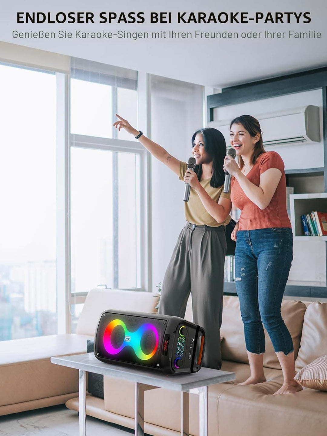 Karaoke-Maschine, Tragbarer Bluetooth-Lautsprecher mit 2 drahtlosen Mikrofonen für Erwachsene, PA-Sy