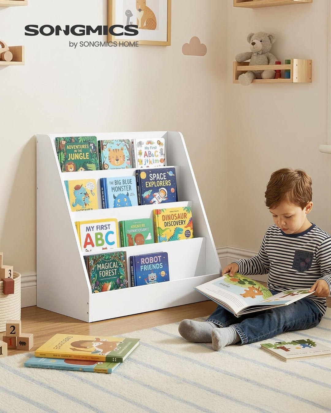SONGMICS Bücherregal Kinder, Kinderregal, Montessori Regal mit 4 Ebenen, für Bilderbücher, Kinderzim