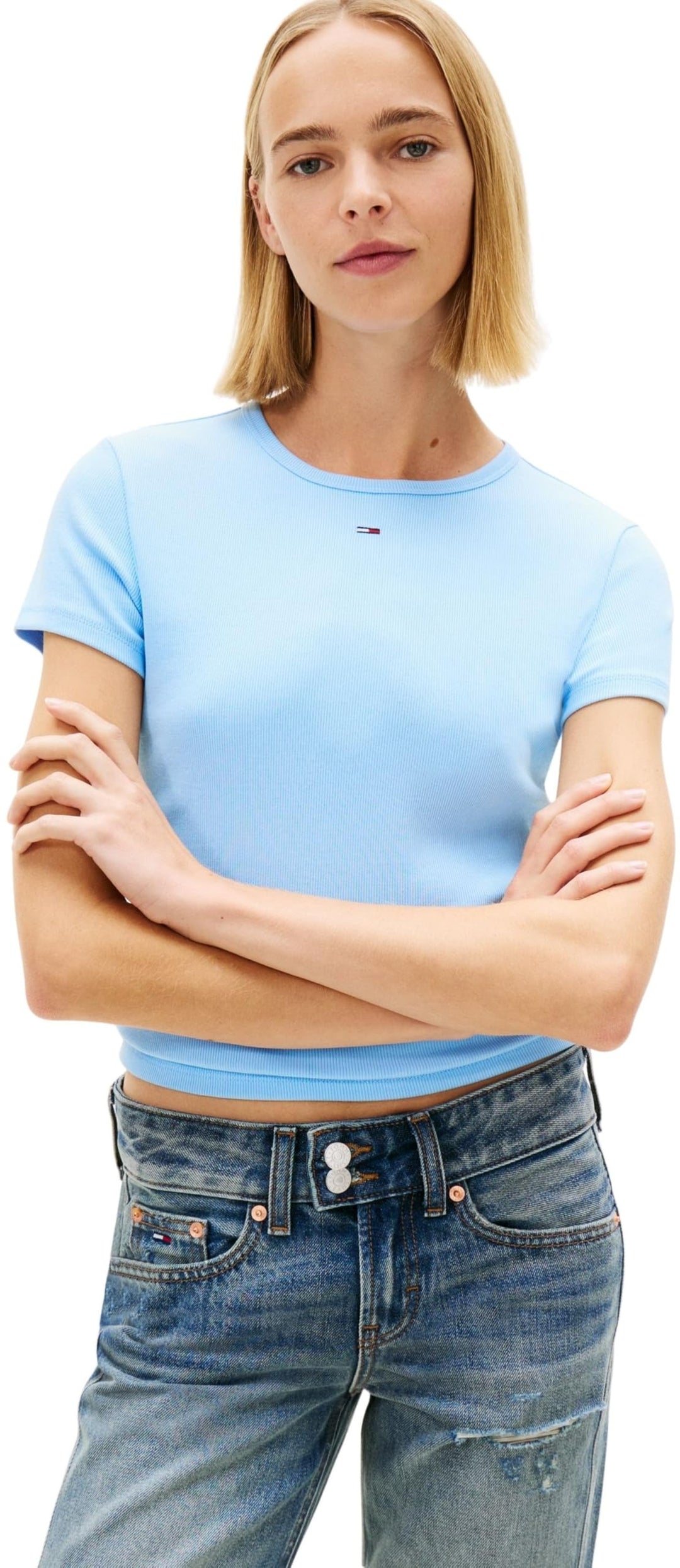 Tommy Jeans Damen T-Shirt Kurzarm Essential Rib Slim Fit XXL Blue (Light Powdery Blue), XXL Blue (Li