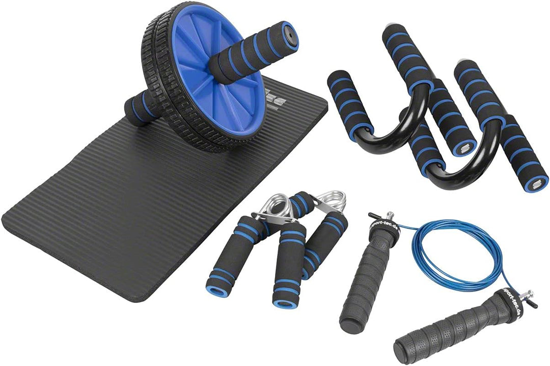 Fitness Set 4-TLG Push-Up Liegestütz Trainer Bauchtrainer Handtrainer Springseil Blau, Blau