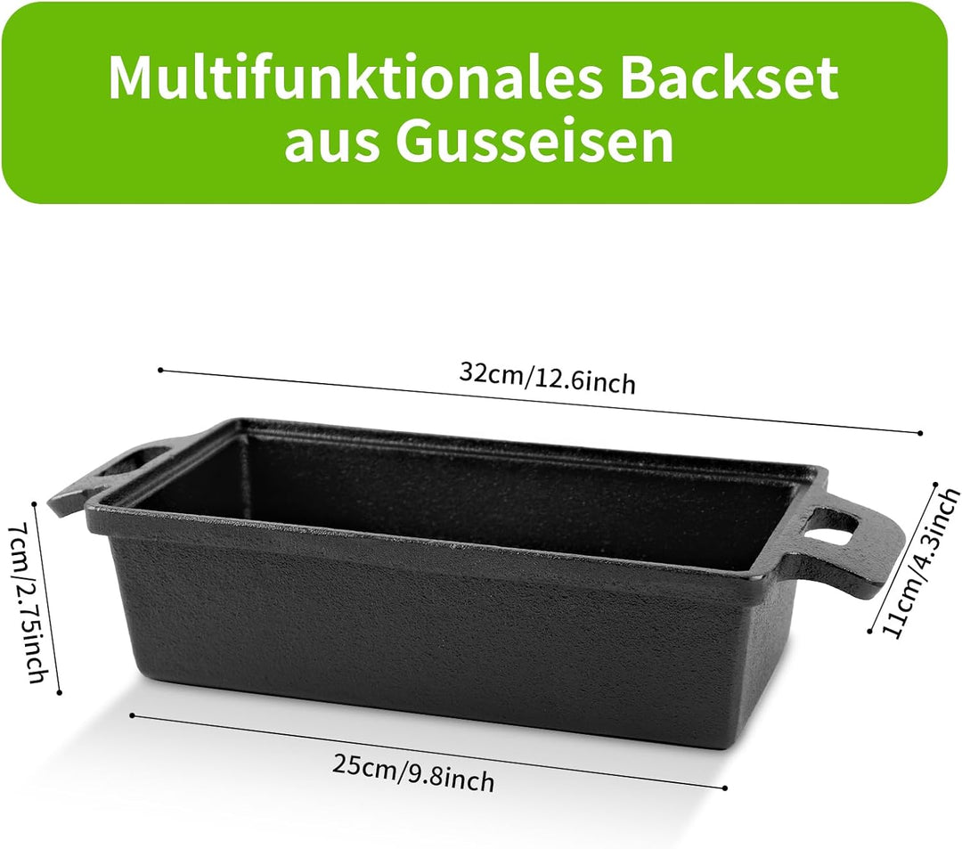 2PC Gusseiserne Brotbackform rechteckig mit Deckel 25cm Doppelohr Ideal für Ofen, Herd, Induktion &