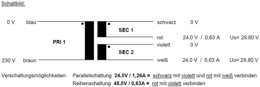 Sedlbauer Ringkerntransformator 30VA 2x24V für Audio, Industrie, Halogen und Schienen - 230V Eingang