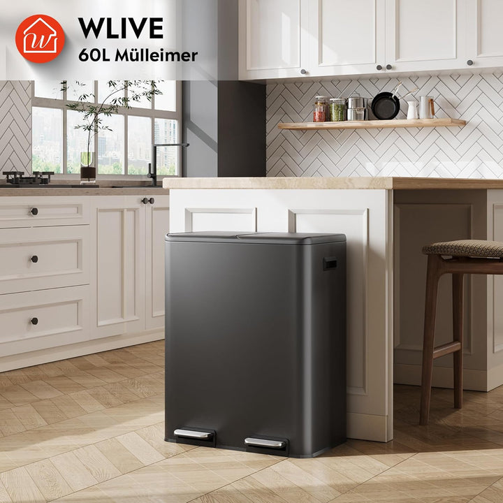 WLIVE Mülleimer 2 x 30L (60L Gesamtvolumen),Mülleimer Küche,Edelstahl Mülltrennsystem mit Mülleimer