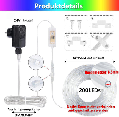 20M LED Schlauch Lichterkette Aussen, 200er LED Lichtschlauch Aussen IP68, 16 Farben Lichterkette In