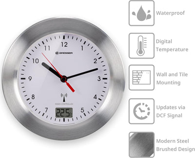 Bresser 8020114 Bad Wanduhr MyTime Bath mit Temperaturanzeige und Funkuhr mit gebürstetem Aluminiumr