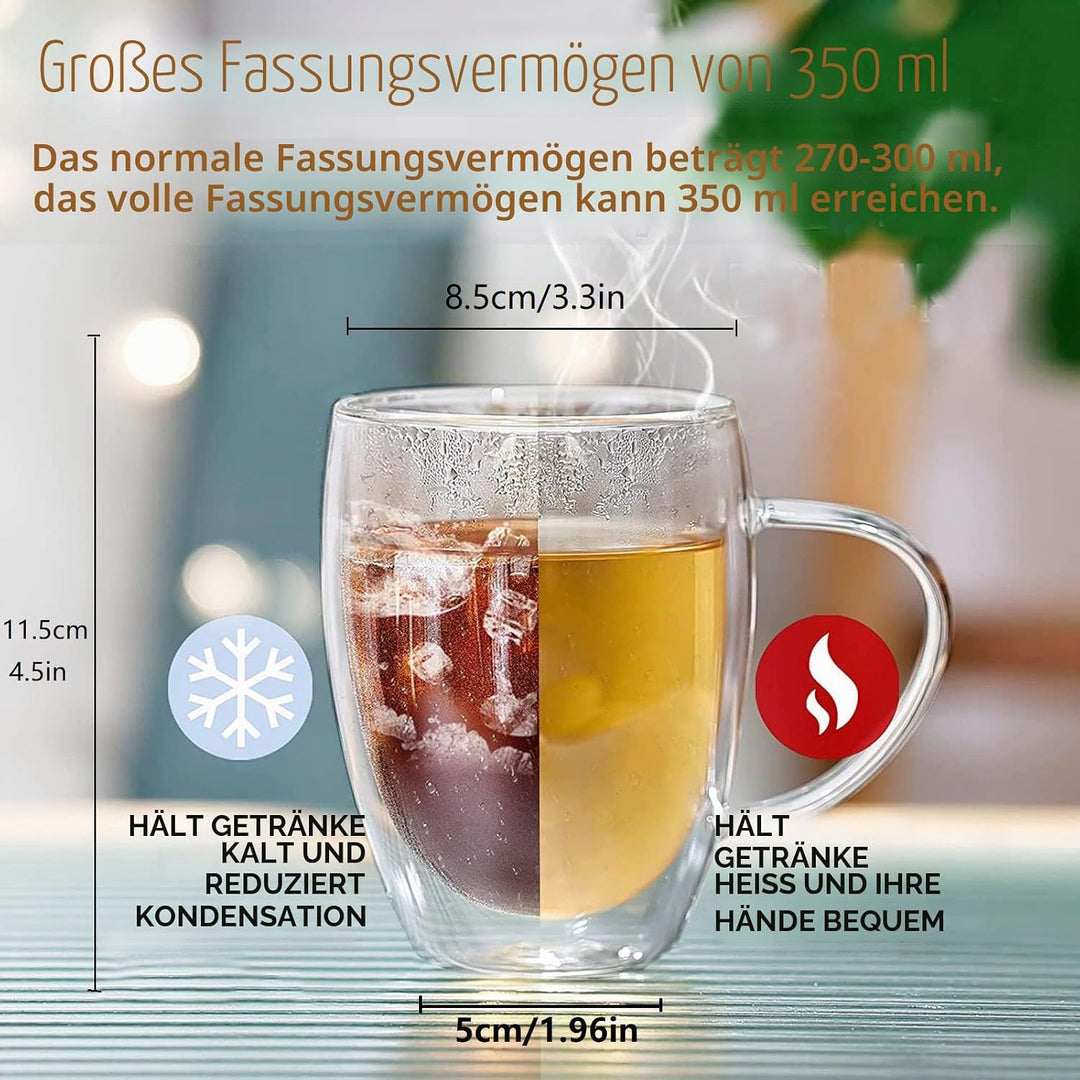 350ml Kaffeeglas Latte Macchiato Gläser mit Henkel, 4-Stück Teeglas Doppelwandige Gläser, Borosilika