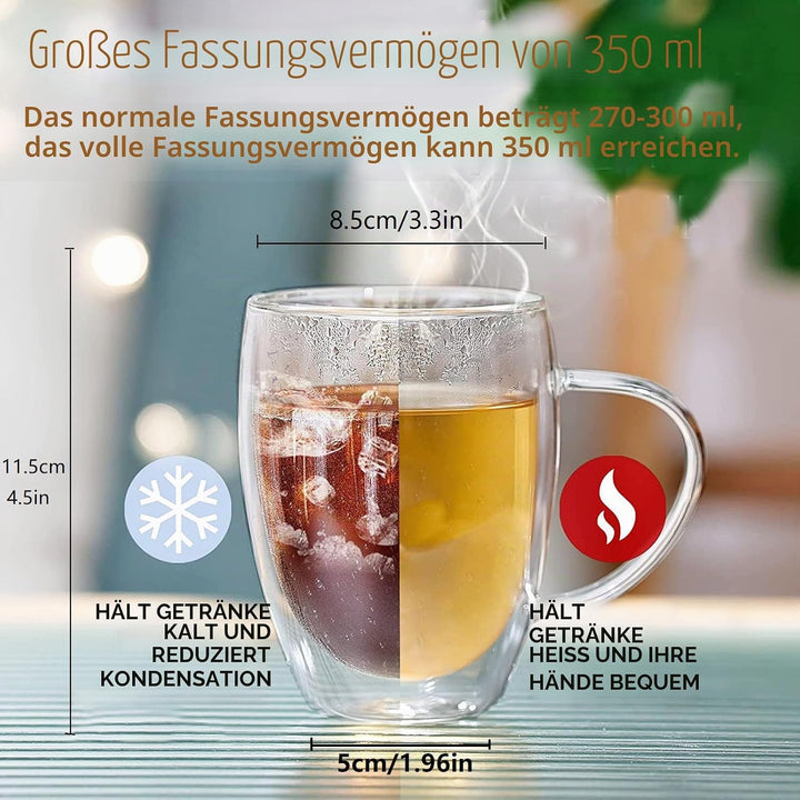 350ml Kaffeeglas Latte Macchiato Gläser mit Henkel, 4-Stück Teeglas Doppelwandige Gläser, Borosilika