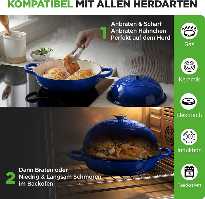 NutriChef Gusseisentopf zum Brotbacken 26 cm Dutch Oven Emailliert Blau– Mit Deckel und Griffen – In