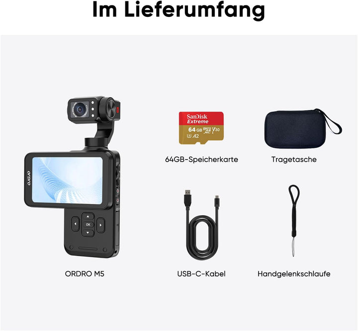ORDRO M5 3-Achsen-Stabilisierung Videokamera 5K, Vlogging-Kamera mit 3.5" Flip Bildschirm 120° Sicht