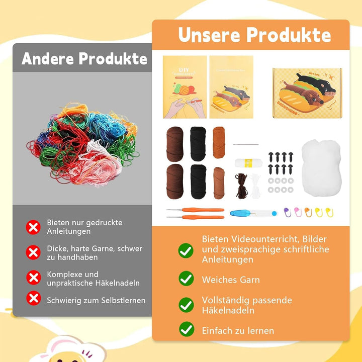 VZU Dackel Häkelset für Anfänger, Komplettes DIY Crochet Tier Kit mit Weichem Garn, Häkelnadel, Anle