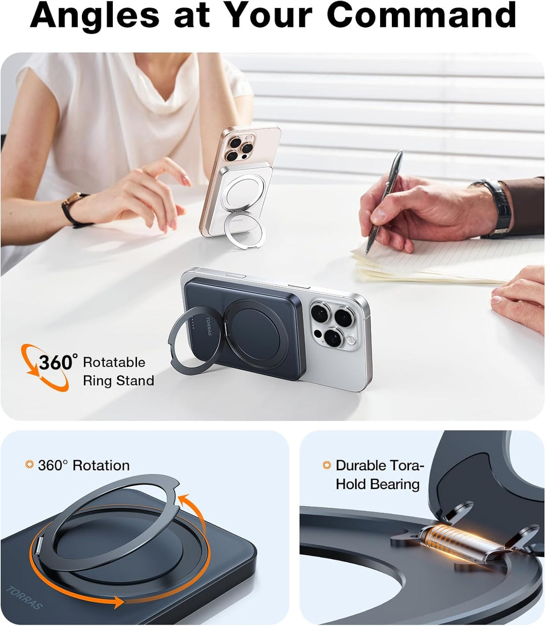 TORRAS Ultra Dünn Power Bank für Magsafe mit 360° Ostand Ring Magnetische Powerbank für iPhone 15/14