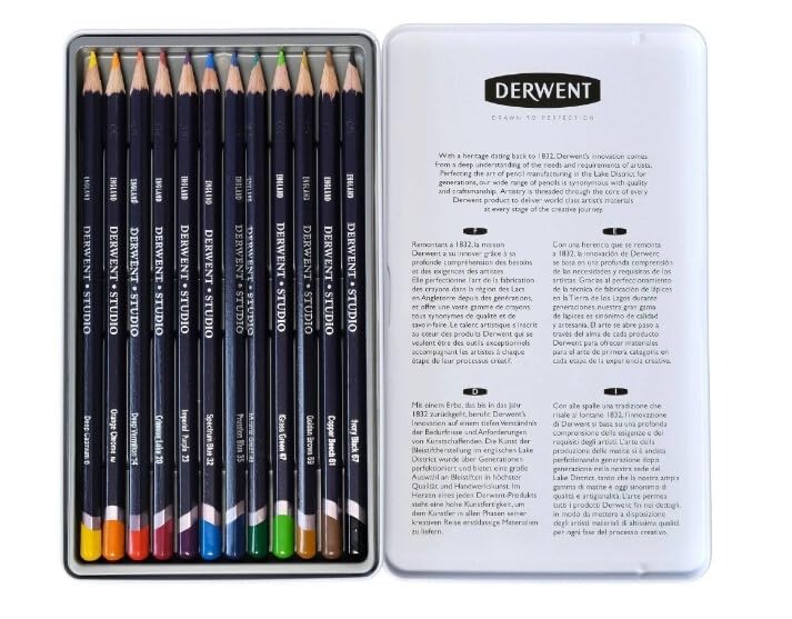 Derwent Studio Buntstifte, Zeichnen & Ausmalen, 12er-Set, Ideal für Illustrationen & Detaillierung,