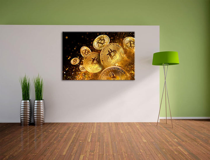 Pixxprint funkelnder Bitcoin BTC als Leinwandbild | Grösse: 100x70 cm | Wandbild | Kunstdruck | fert