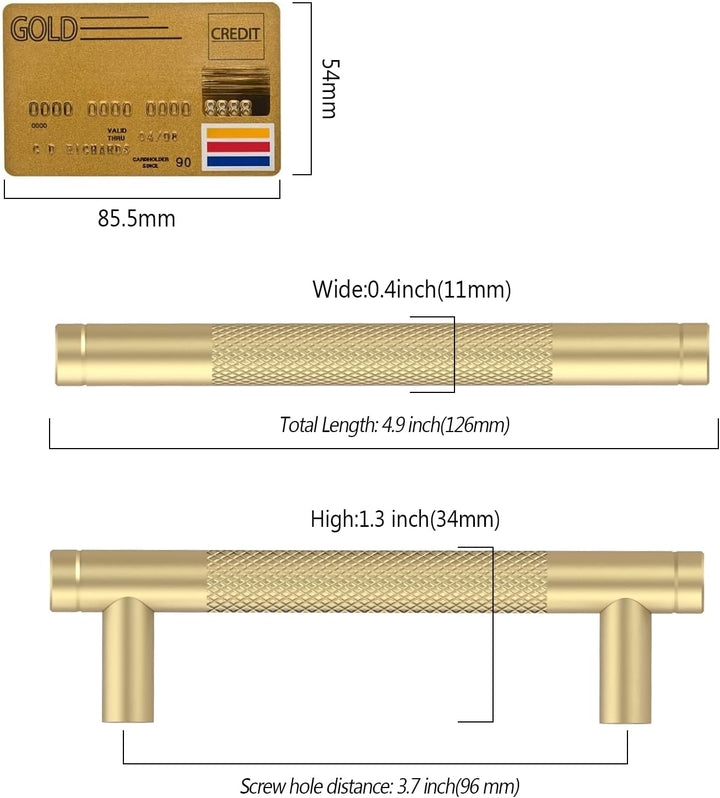 Amerdeco 10 Stück Gold Gerändelte Schrankgriffe 96mm Lochabstand, Aluminium Griffe für Küchenschränk