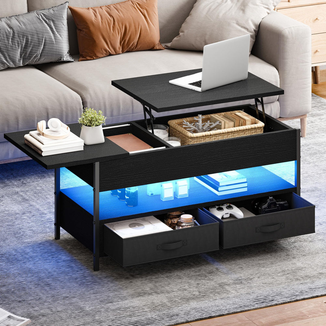 DWVO Couchtisch Höhenverstellbar mit 2 Schublade und Offener Lagerraum, LED Couchtisch mit Versteckt