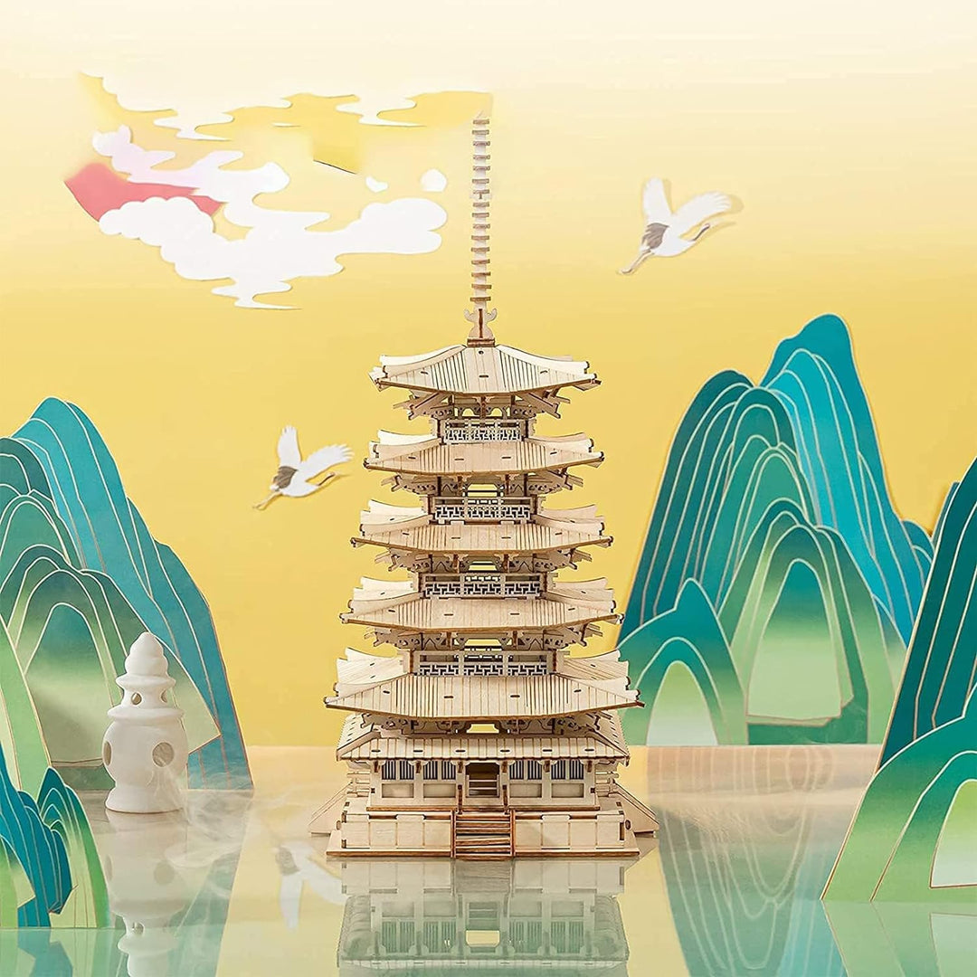 ROBOTIME 3D Puzzles Holz Mechanischer Modellbausätze DIY Fünfstöckige Pagode Bastelsets Kreative Puz