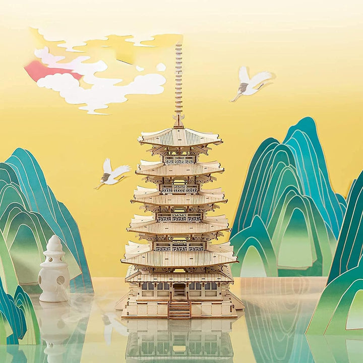 ROBOTIME 3D Puzzles Holz Mechanischer Modellbausätze DIY Fünfstöckige Pagode Bastelsets Kreative Puz