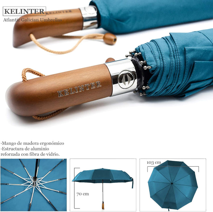 Regenschirm mit Holzgriff, Winddicht, zusammenklappbar, mit automatischem Öffnen und Schliessen, Tef