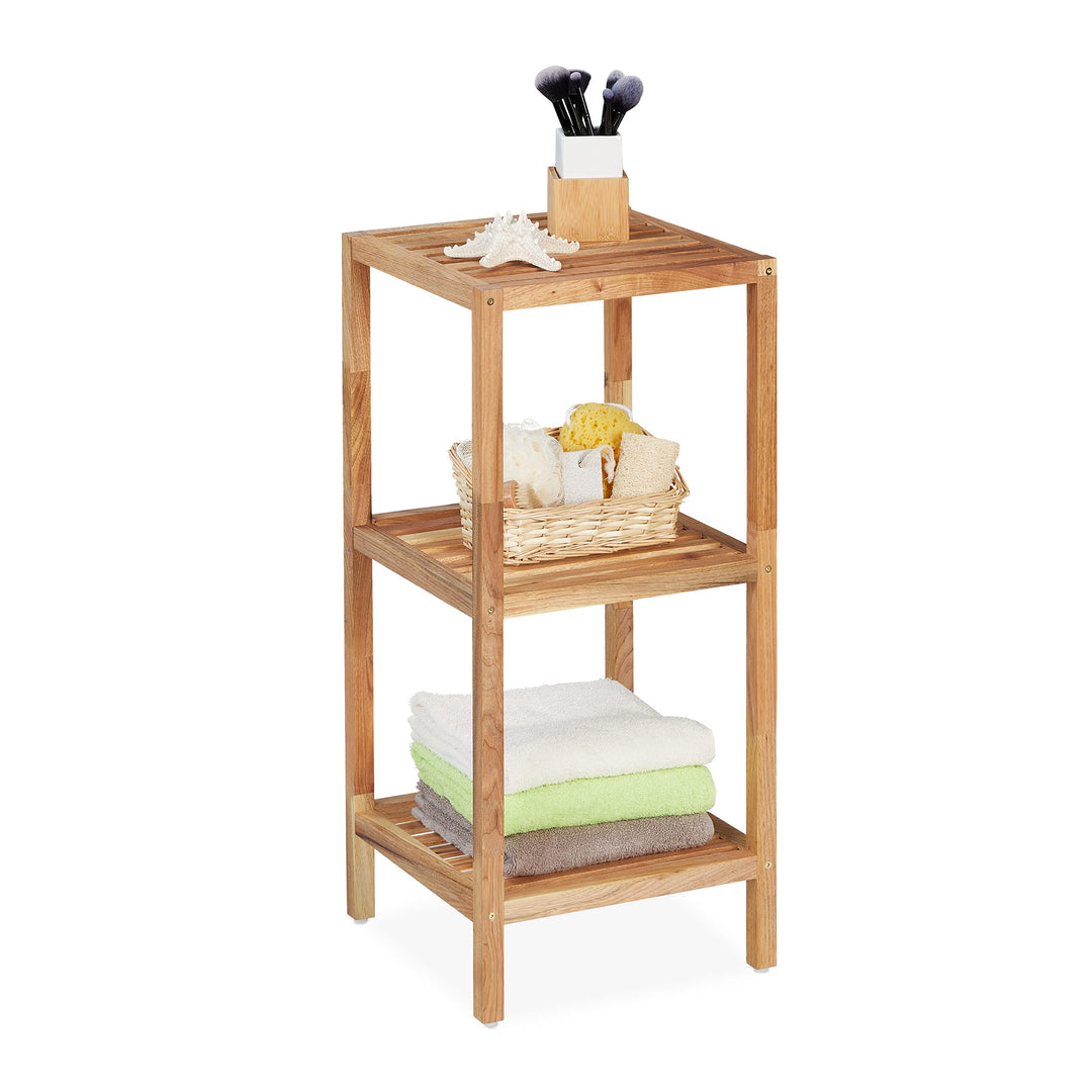 Relaxdays Badregal Walnuss, HBT: 79 x 36 x 36 cm, 3 Ablagen, quadratisch, Standregal Küche, Badezimm