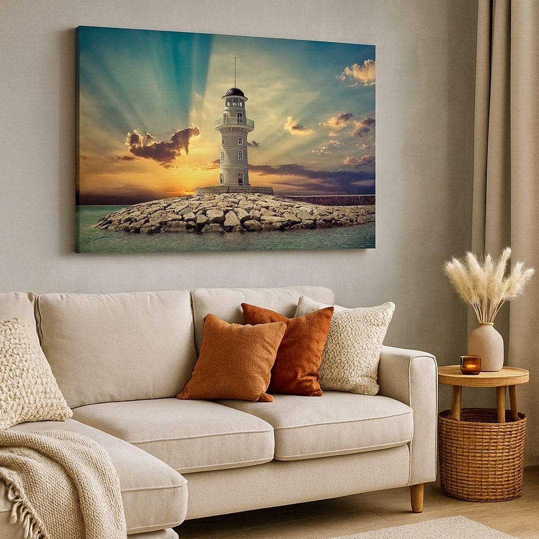 Bilder auf Leinwand 100x70cm Leinwandbild Leuchtturm Wasser Meer Steine Gross Wanddeko Bild Schlafzi