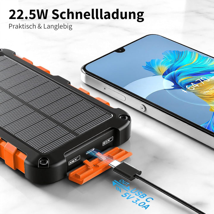 Solar Powerbank 10000mAh PD 22,5W Tragbares Solar Ladegerät USB C Outdoor Wasserdicht Externer Akku