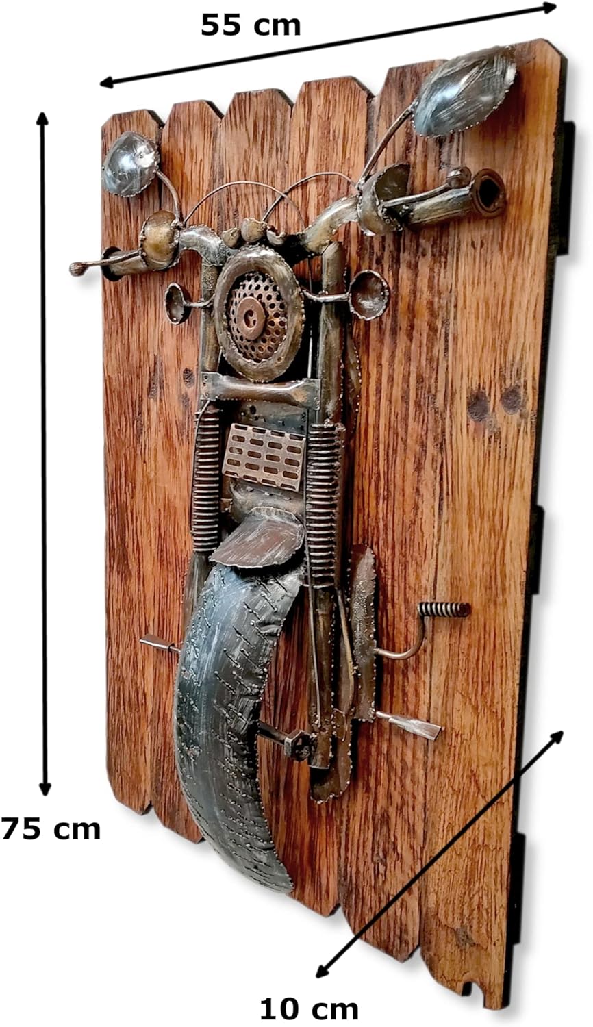 Metall Wandbild Motorrad auf braunen Holz-Planken 55 x 75cm Wand-Deko retro look vintage Skulptur, M