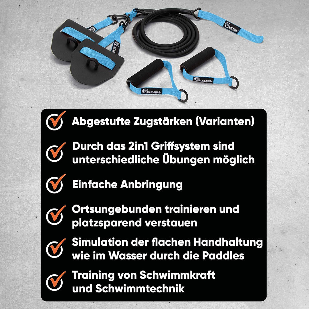 TAALOGA® 2in1 Zugseil Schwimmen I Schwimmtraining I Zugseiltraining mit Handpaddles und Griffen