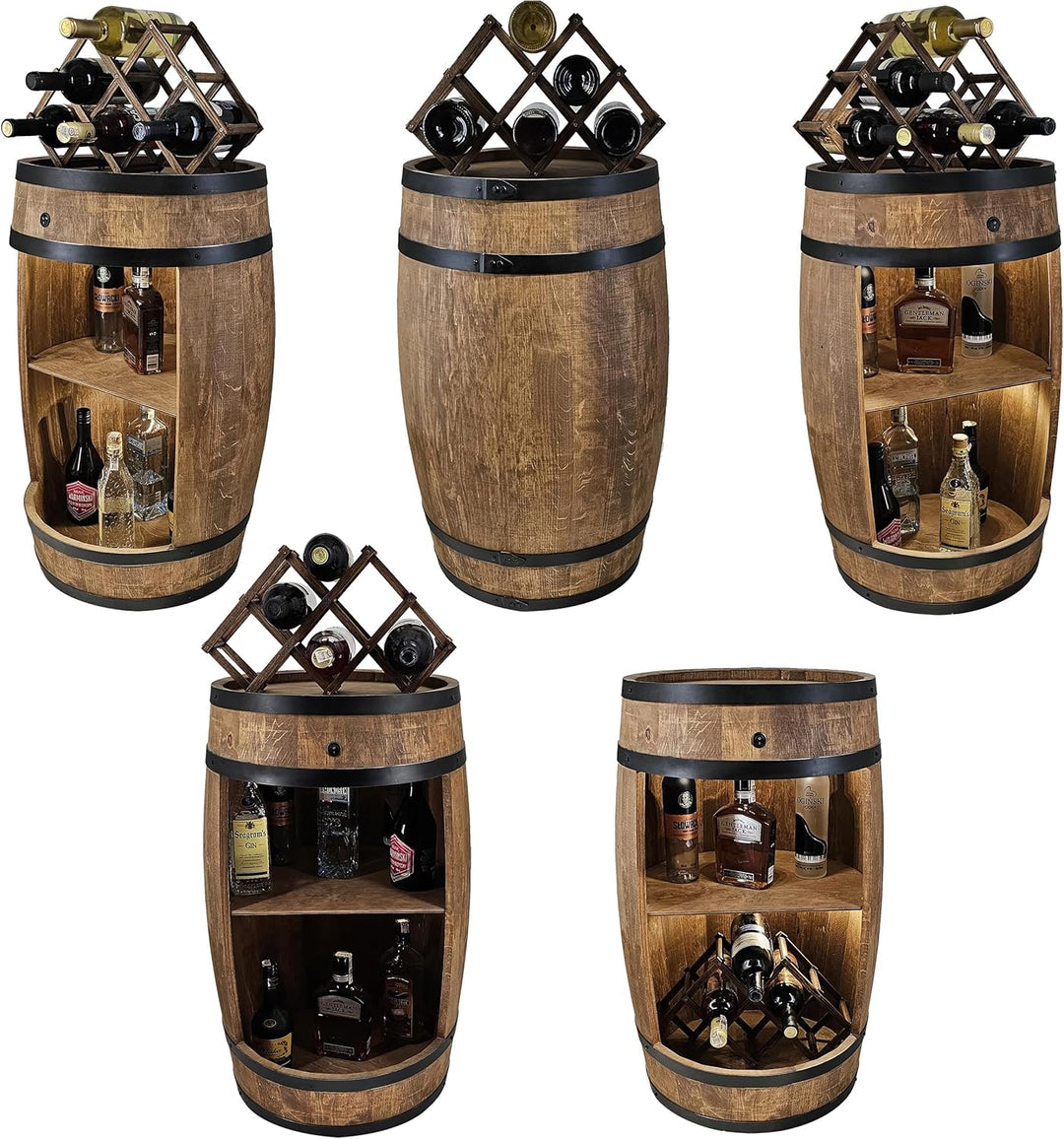 CREATIVE COOPER Fassbar LED mit Weinhalter - Weinregal - Holzfass Hausbar 80cm - Rustikaler deko Bar