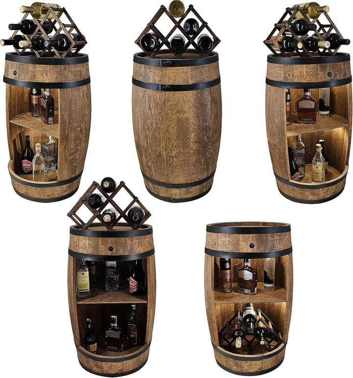 CREATIVE COOPER Fassbar LED mit Weinhalter - Weinregal - Holzfass Hausbar 80cm - Rustikaler deko Bar