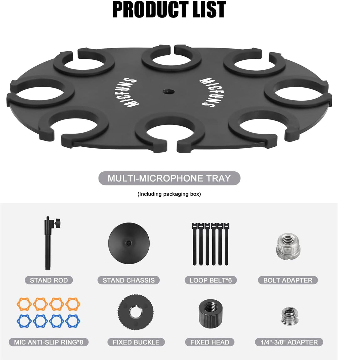 TM100 Multi-Mikrofonhalter für Mikrofonständer – quadratischer Tablett-Aufsatz hält bis zu 8 Mikrofo