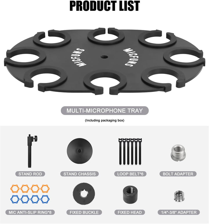 TM100 Multi-Mikrofonhalter für Mikrofonständer – quadratischer Tablett-Aufsatz hält bis zu 8 Mikrofo