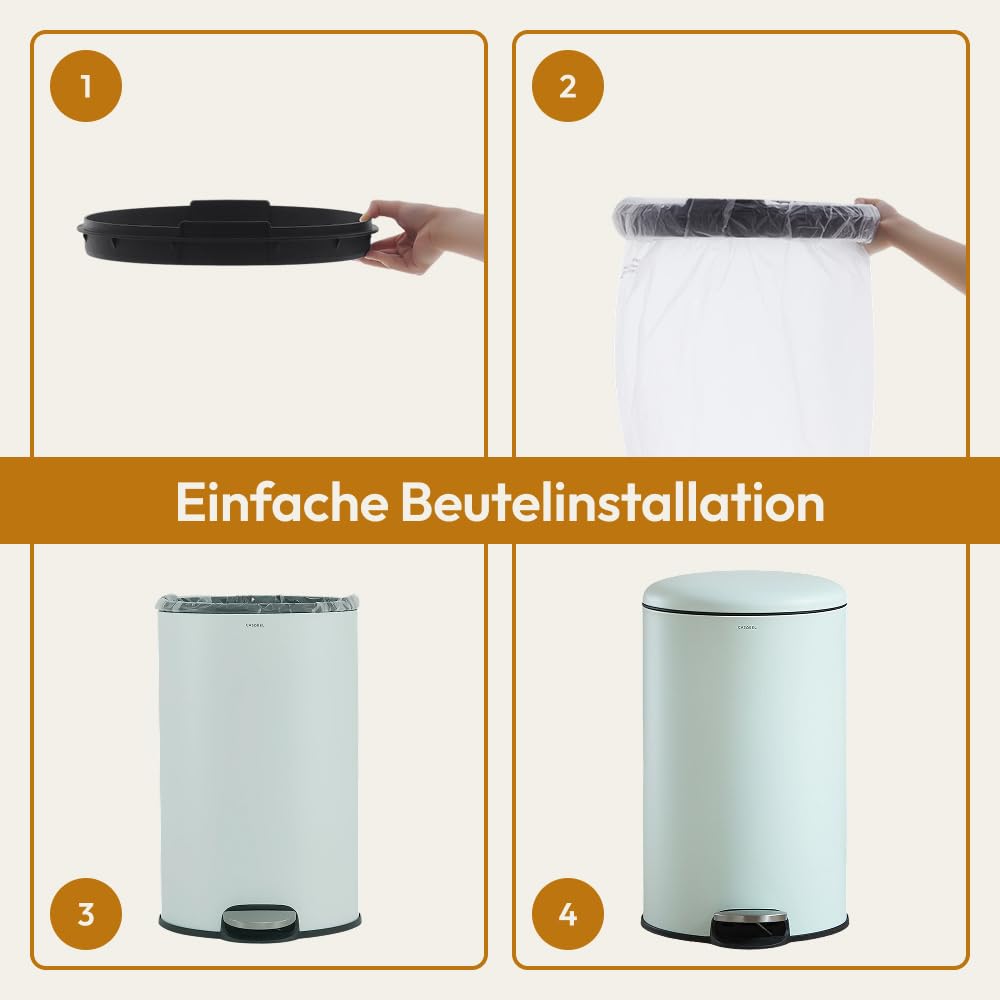 CASABEL runder Küchenabfalleimer 50L, Edelstahl, Mintgrün | Pedalöffnung, Soft-Close, fingerabdruckr