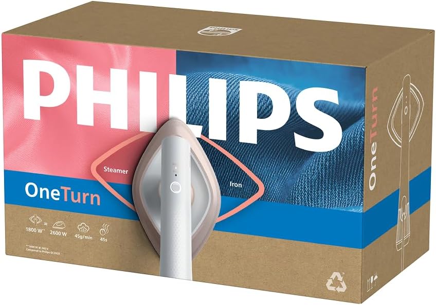 Philips OneTurn, 2-in-1 Bügeleisen & Steamer mit drehbarem Kopf, Einfach losbügeln – kein Brett, 45