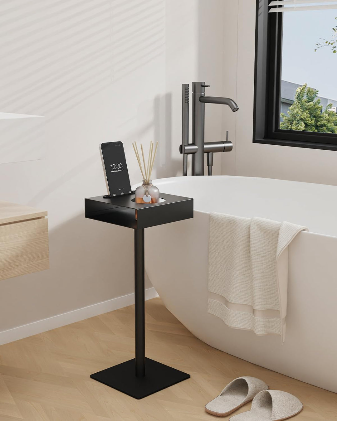 Yawinhe Metall Beistelltisch, Stabiler Kleiner Quadrat Couchtisch, Becherhalter Tisch mit Handyschli