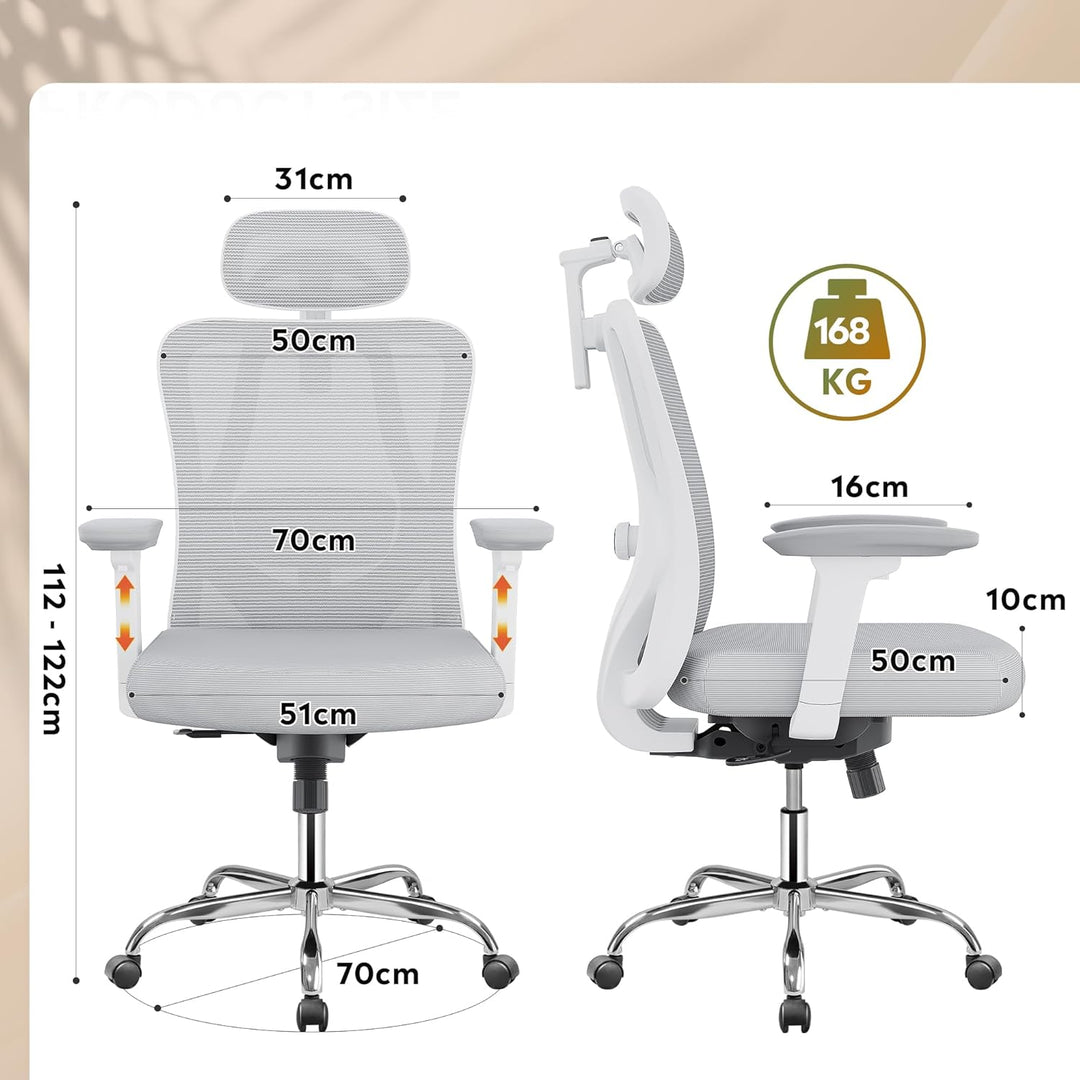 DEVAISE Bürostuhl Ergonomisch: Schreibtischstuhl mit Wippfunktion, Verstellbarer Kopfstütze & Lenden