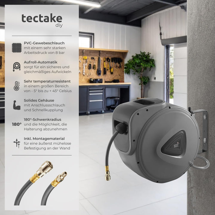 tectake 800801 Druckluftschlauch Aufroller mit ¼ Zoll Schnellkupplung, Aufroll-Automatik mit Schlauc