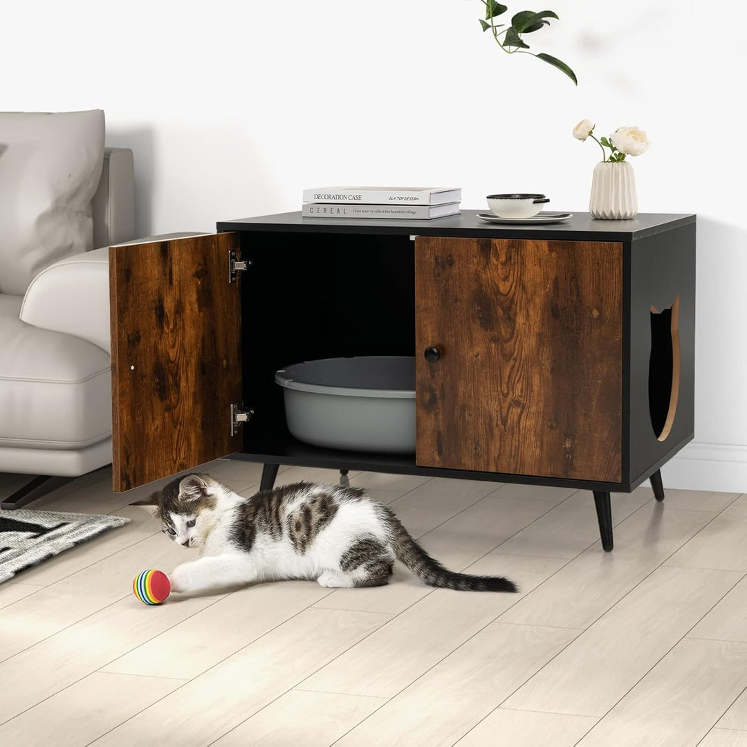 GOPLUS Katzenschrank, Katzenklo Schrank mit Doppeltüren, Trennwand und Katzenlöchern, Katzentoilette
