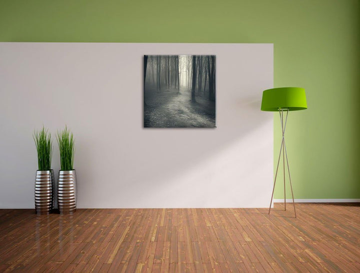 Pixxprint Düstere Landschaft schwarz weiss, Format: 70x70 auf Leinwand, 70x70
